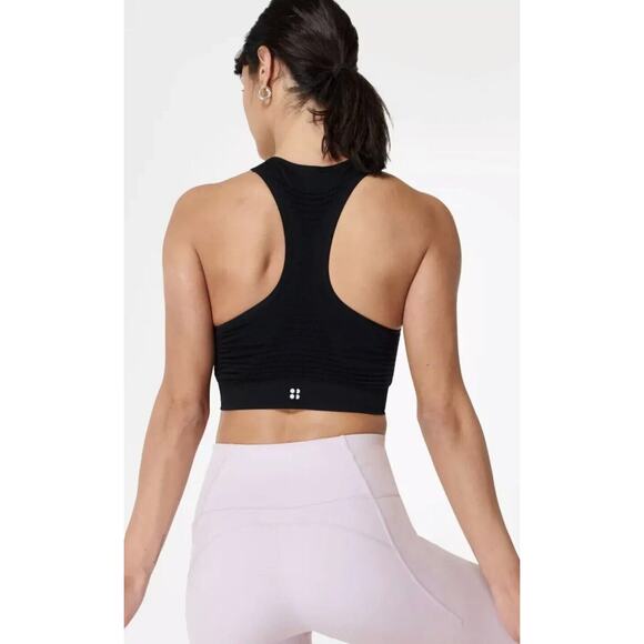 Sweaty Betty Black High Neck Sports Bra Sweat Wicking Stretch Racerback Crop Med - Picture 2 of 12